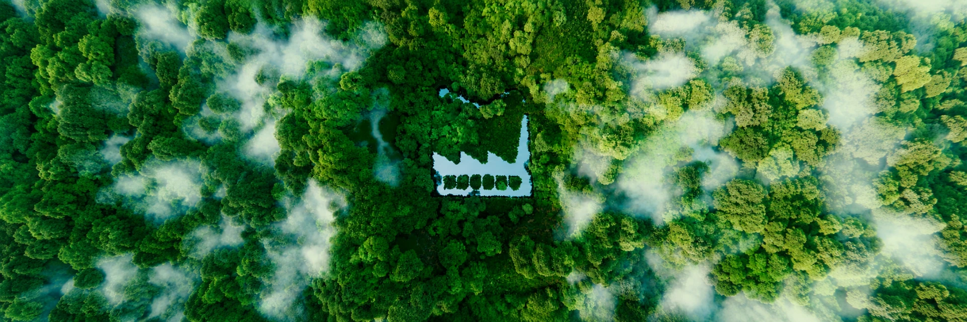 Aerial view of a lush green forest with a lake shaped like an industrial facility, symbolizing Steel CleanUp's commitment to circular industry